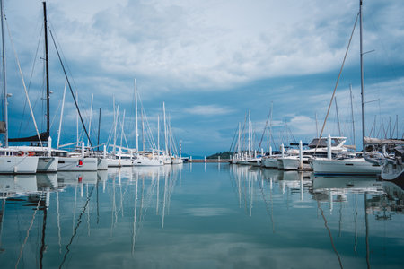 Many white modern yachts moored at the pier of marina.の写真素材