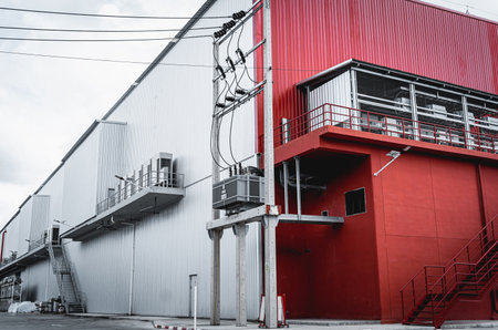 Electrical power and distribution electricity system at the building wall.の写真素材