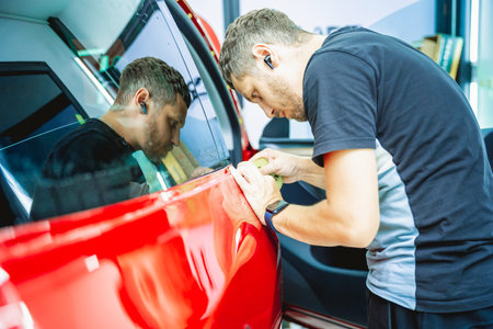 The process of installing protective film on the new red car.の写真素材