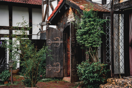Vintage garden door and windows of old building