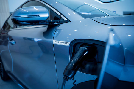 PHUKET, THAILAND- DECEMBER 20, 2023: BYD electric car charging at showroom in Thailand. Build Your Dreamのeditorial素材