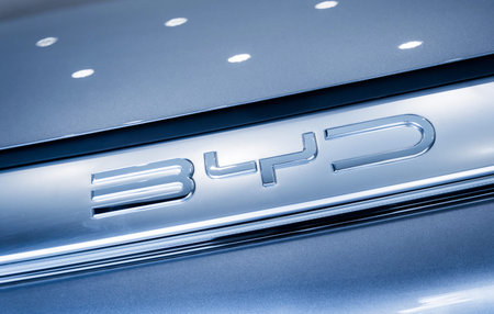 PHUKET, THAILAND- DECEMBER 20, 2023: BYD LOGO. Electric car showroom in Thailand. Build Your Dream