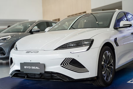 PHUKET, THAILAND- DECEMBER 20, 2023: BYD electric car showroom in Thailand. Build Your Dreamのeditorial素材