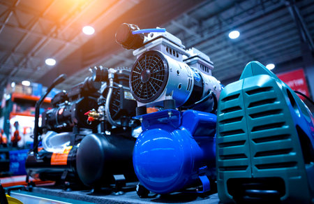Showcase in shop of new air compressorsの写真素材