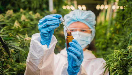 Female researcher examine cannabis oil in a greenhouse.