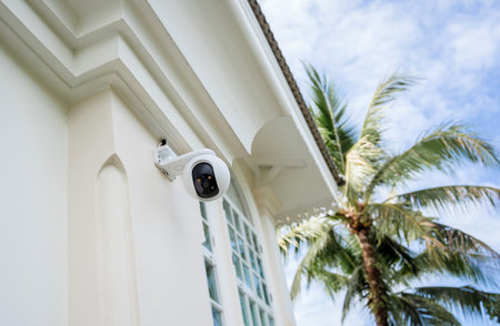 Modern CCTV camera on a wall of a residential buildingの写真素材