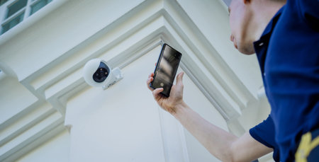 A technician installs a CCTV camera on the facade of a residential building.