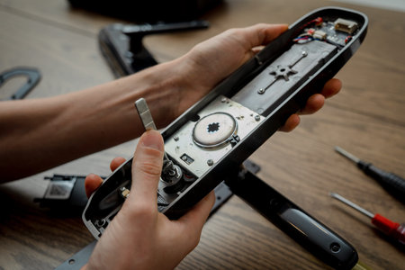 A technician assembles and installs smart electronic door lock for house protection