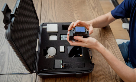 A technician works with a demo kit of the smart home system