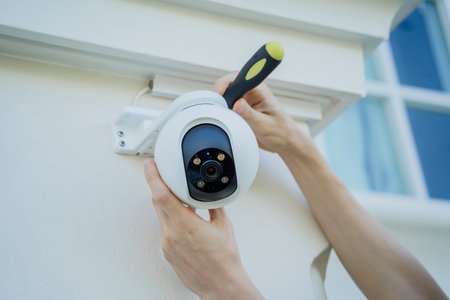 A technician installs a CCTV camera on the facade of a residential building.