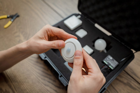 A technician works with a demo kit of the smart home system