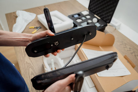 A technician assembles and installs smart electronic door lock for house protection