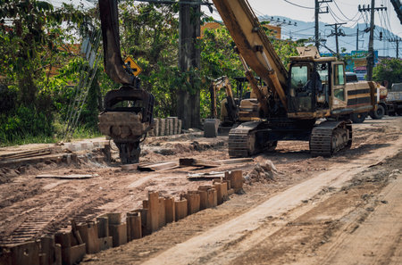 Big road construction site with special machinery in the construction area