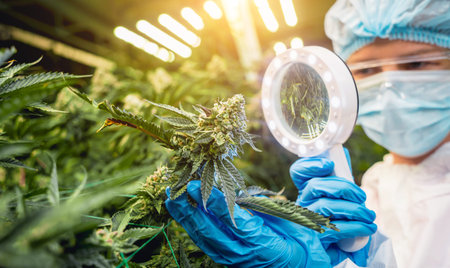 Female researcher examine cannabis leaves and buds in a greenhouse.の写真素材