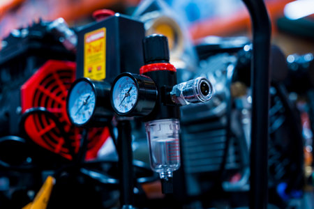 Showcase in shop of new air compressorsの写真素材