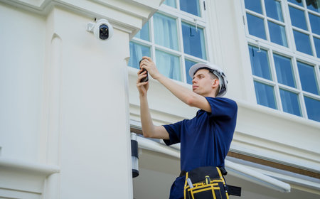 A technician sets up a CCTV camera on the facade of a residential building.