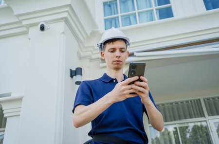 A technician sets up a CCTV camera on the facade of a residential building.