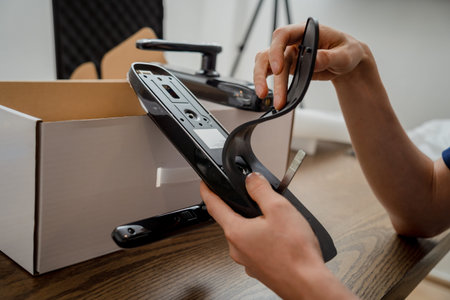 A technician assembles and installs smart electronic door lock for house protection