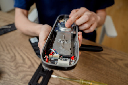 A technician assembles and installs smart electronic door lock for house protection