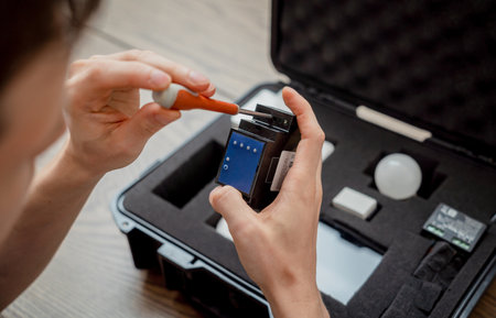 A technician works with a demo kit of the smart home systemの写真素材