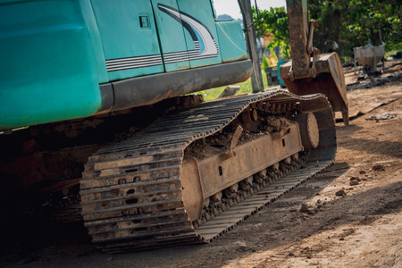 Big road construction site with special machinery in the construction area
