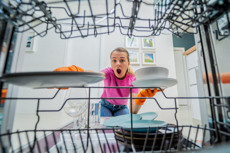Young woman takes dishes out of the dishwasher machine