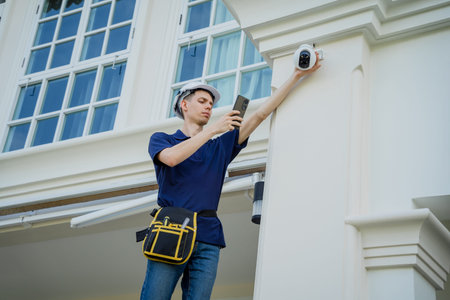 A technician sets up a CCTV camera on the facade of a residential building.