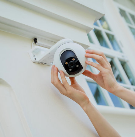 A technician installs a CCTV camera on the facade of a residential building.