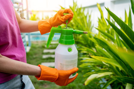 A young woman takes care of the garden, waters, fertilizes and prunes plants