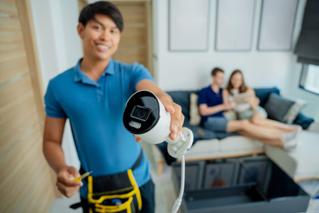 A technician installs a CCTV camera in a modern apartment.