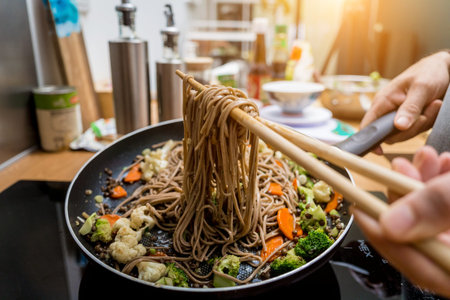 Chef at the kitchen preparing japanese buckwheat pasta with lentilsの写真素材