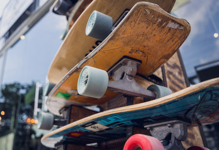 A stack of skateboards on a special outdoor standの写真素材