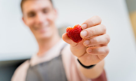 Chef at the kitchen preparing bowl of oats with strawberries and mangoの写真素材