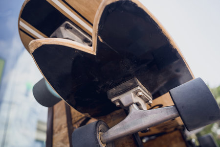 A stack of skateboards on a special outdoor standの写真素材