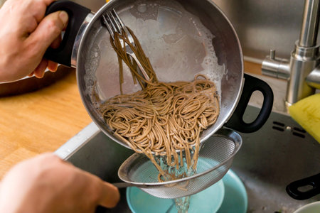 Chef at the kitchen preparing japanese buckwheat pasta with lentilsの写真素材