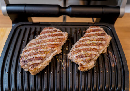 Chef at the kitchen preparing beef steaks on the home electric grillの写真素材