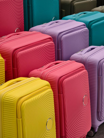 A vibrant assortment of suitcases is carefully arranged in a pile