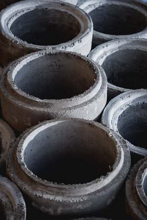 A stack of concrete ring pipes piled and creating a symmetrical arrangement