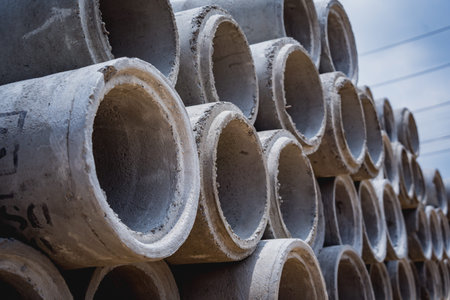 A stack of concrete ring pipes piled and creating a symmetrical arrangement