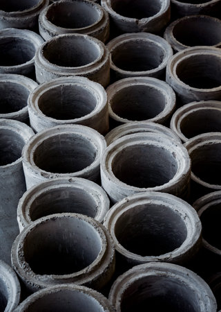 A stack of concrete ring pipes piled and creating a symmetrical arrangement