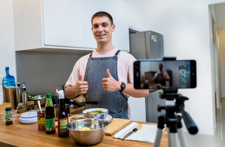 The chef is broadcasting live from workshop how to prepare a vegetarian food
