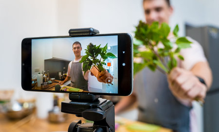 The chef is broadcasting live from workshop how to prepare a vegetarian green curry