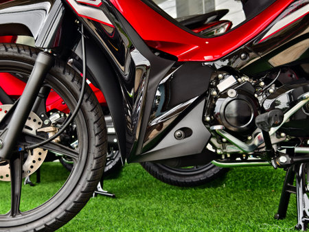 Detailed view of a motorcycle wheels and brakes