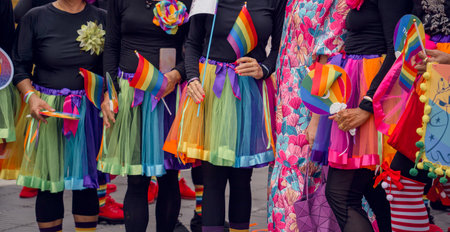 Persons is seen proudly holding a rainbow flag and wearing a rainbow skirtsの写真素材