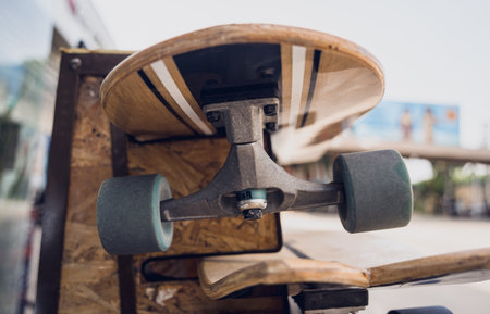 A stack of skateboards on a special outdoor standの写真素材
