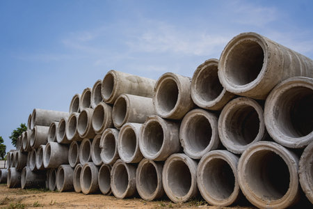 A stack of concrete ring pipes piled and creating a symmetrical arrangement
