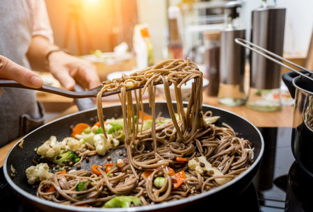 Chef at the kitchen preparing japanese buckwheat pasta with lentils