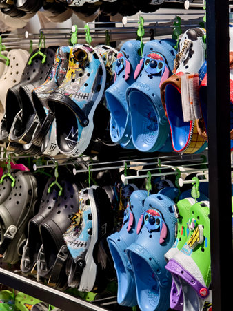 PHUKET, THAILAND- JUNE 01, 2024: The store offers a variety of crocs in different colorsのeditorial素材