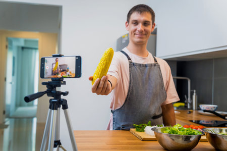The chef is broadcasting live from workshop how to prepare a spicy glass noodle salad