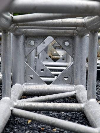 Metal parts of the stage are stacked on top of each other
